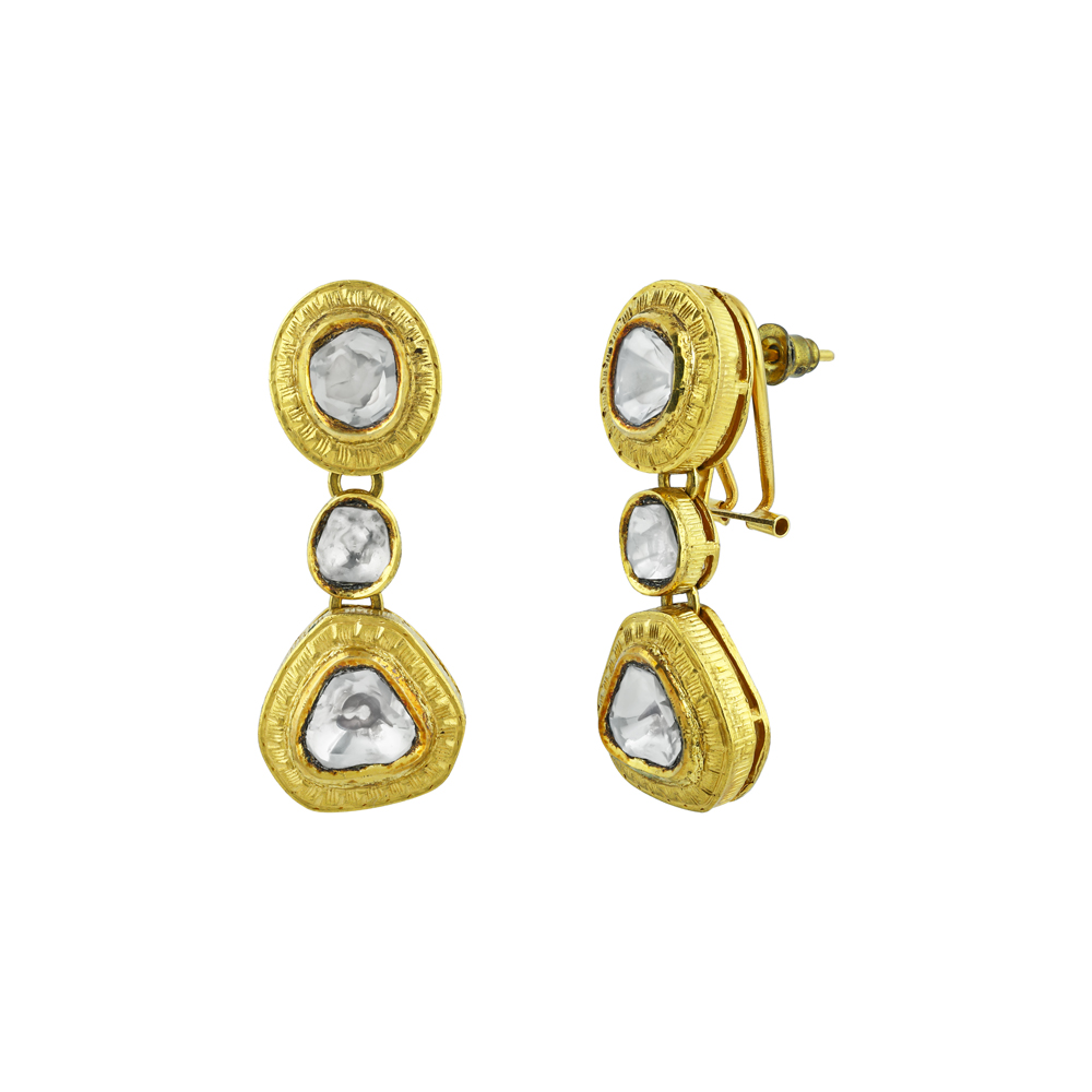 Geometric Polki Earrings with Textured Gold Frames